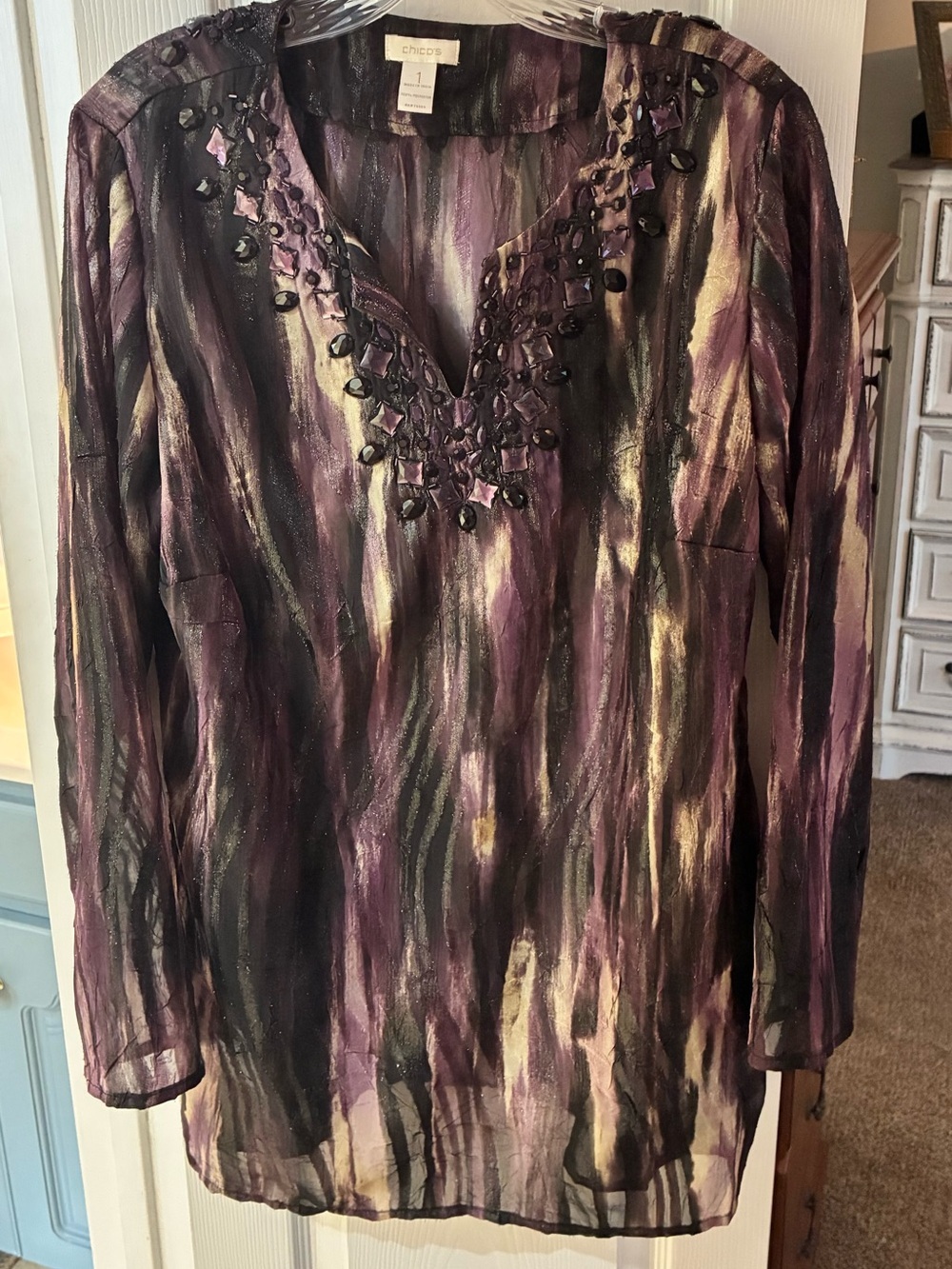 Chico's Semi Sheer  Purple Gold Metallic Beaded V-Neck Tunic Top SZ 1/M